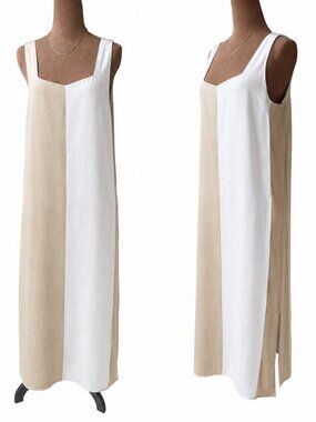 Haven Well Within 100% Linen Colorblock Maxi Dress Tan White – M